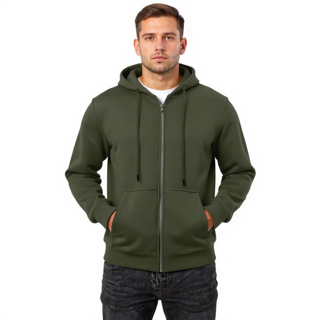 Men's Casual Loose Color Zippered Fleece Hooded Sweatshirt Sports Jacket