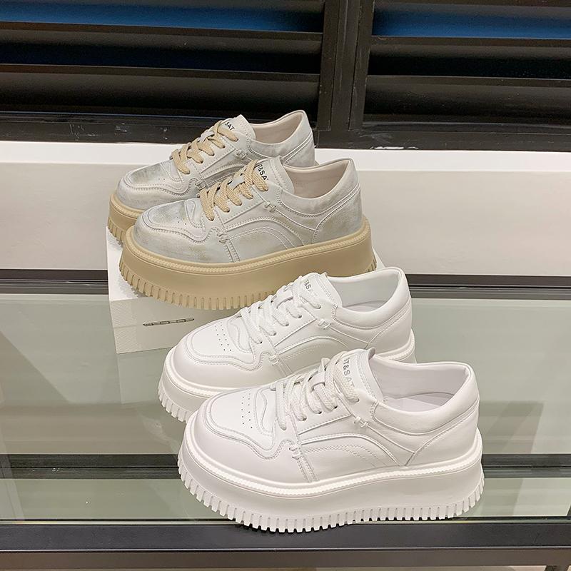 ქალის პლატფორმიანი ფეხსაცმელი, ქალის სპორტული ფეხსაცმელი 2024, ახალი, თასმებიანი, მაღალი ქუსლით, მრავალმხრივი, დაბალყელიანი, ყოველდღიური, მყარი ტყავის, პატარა ვაფლის ფეხსაცმელი