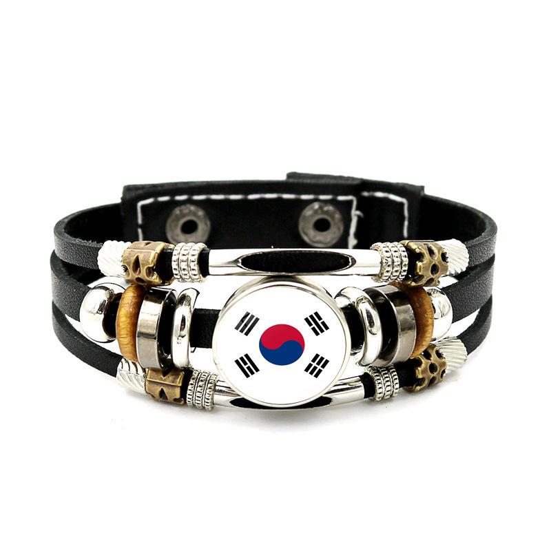 Factory National Country Flag Design Bracelet Crystal Bead Snap Button Sports National Team Jewelry Gift Leather Wrap Bracelet