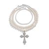 European & American Punk Pearl Multi-Layer Necklace Set with Hollow Cross and Stacked Clavicle Chains