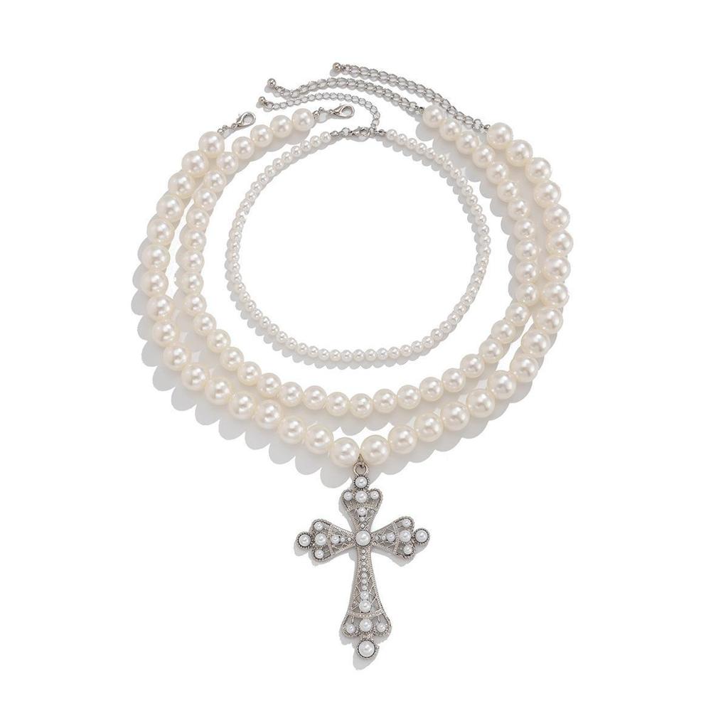 European & American Punk Pearl Multi-Layer Necklace Set with Hollow Cross and Stacked Clavicle Chains