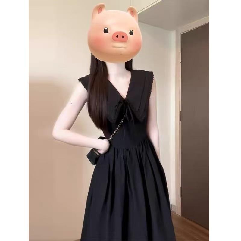 Holiday Style Design A-shaped Long Dress with Neck Strap for Women's Autumn New Blue Waist and Thin Dress