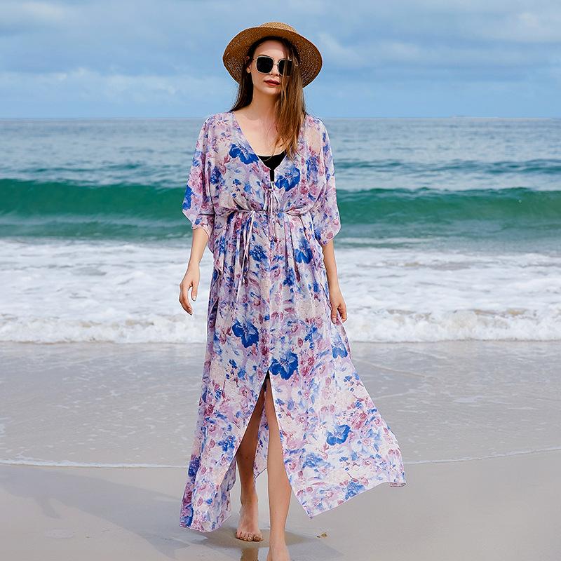 Chiffon Bedruckte Damen Strandbluse Sexy Cardigan Locker Strandurlaub Kleid