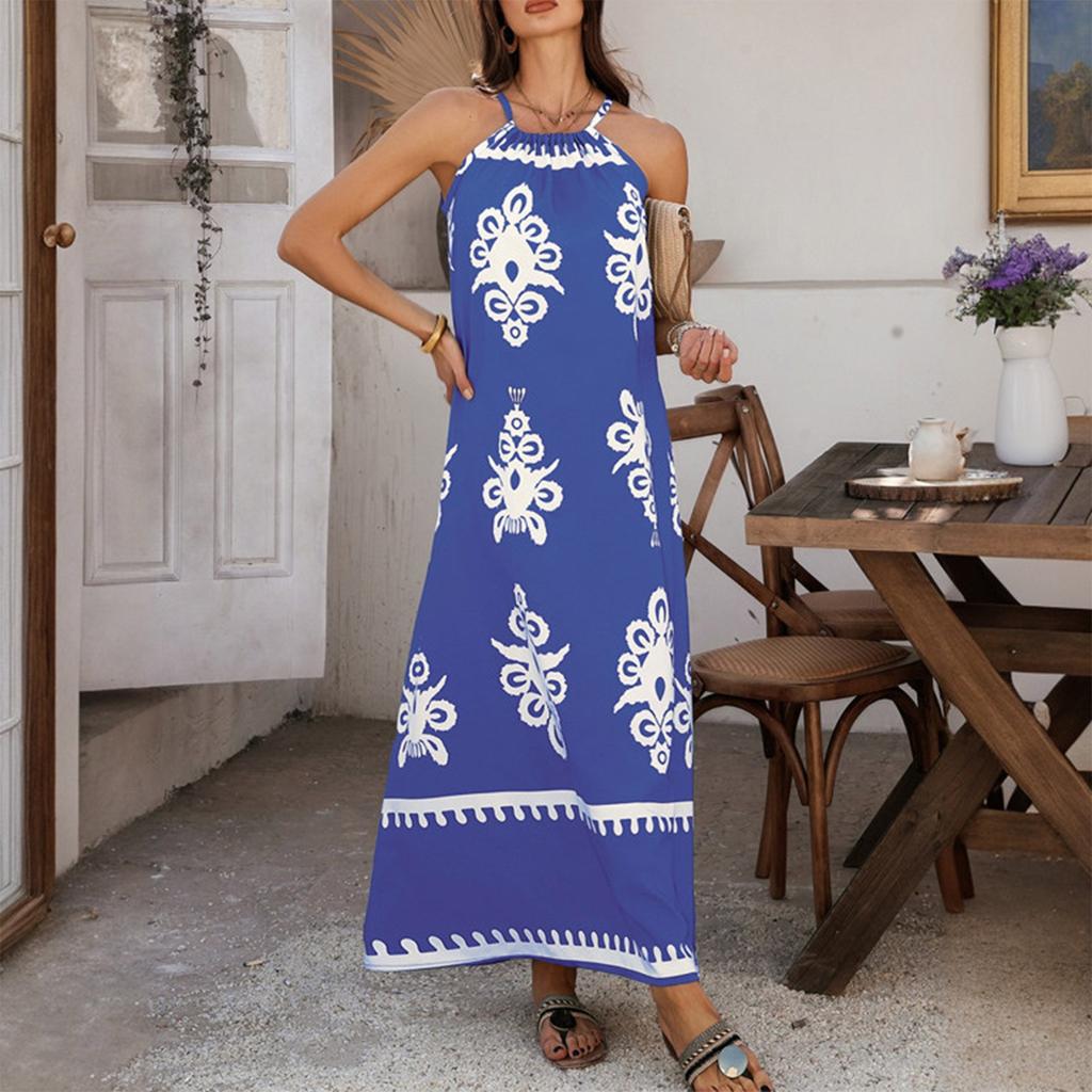 Women's Casual Spring And Summer Loose Printed Contrast Color  Neck Sleeveless Dress