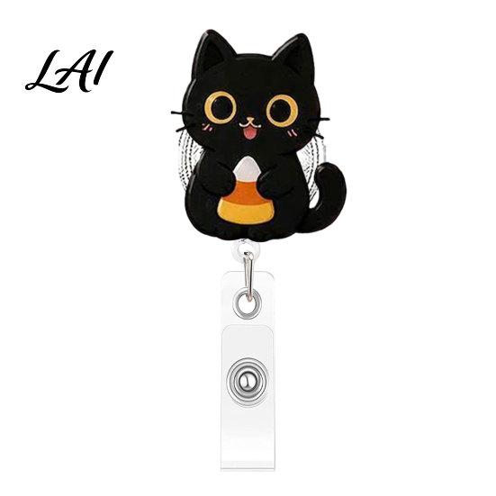 Acrylic Name Tag Holder Halloween Black Cat Pumpkin Badge Reel Retractable with 360 Degree Rotating Clip Clip Decorative Reel for ID Card And Nurse