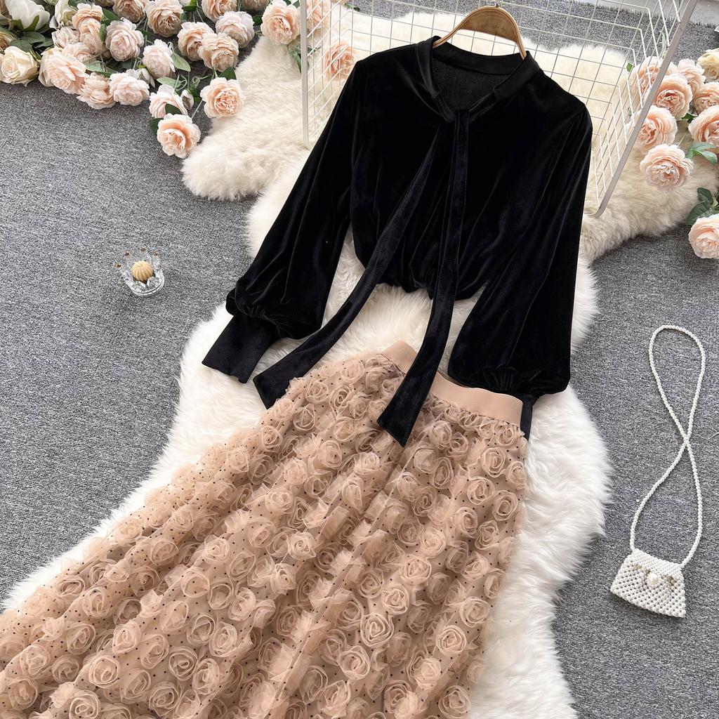Korean Three-Dimensional Flower High Waist Slim Skirt Loose Bubble Sleeve Velvet Top Sweet Suit Skirt Two-Piece Set