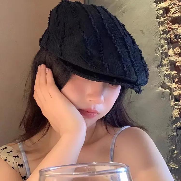New Korean Burr Edge Solid Color Berets for Women Girls Vintage Painter Caps Reverse Beret Simple Versatile Forward Hat Literary
