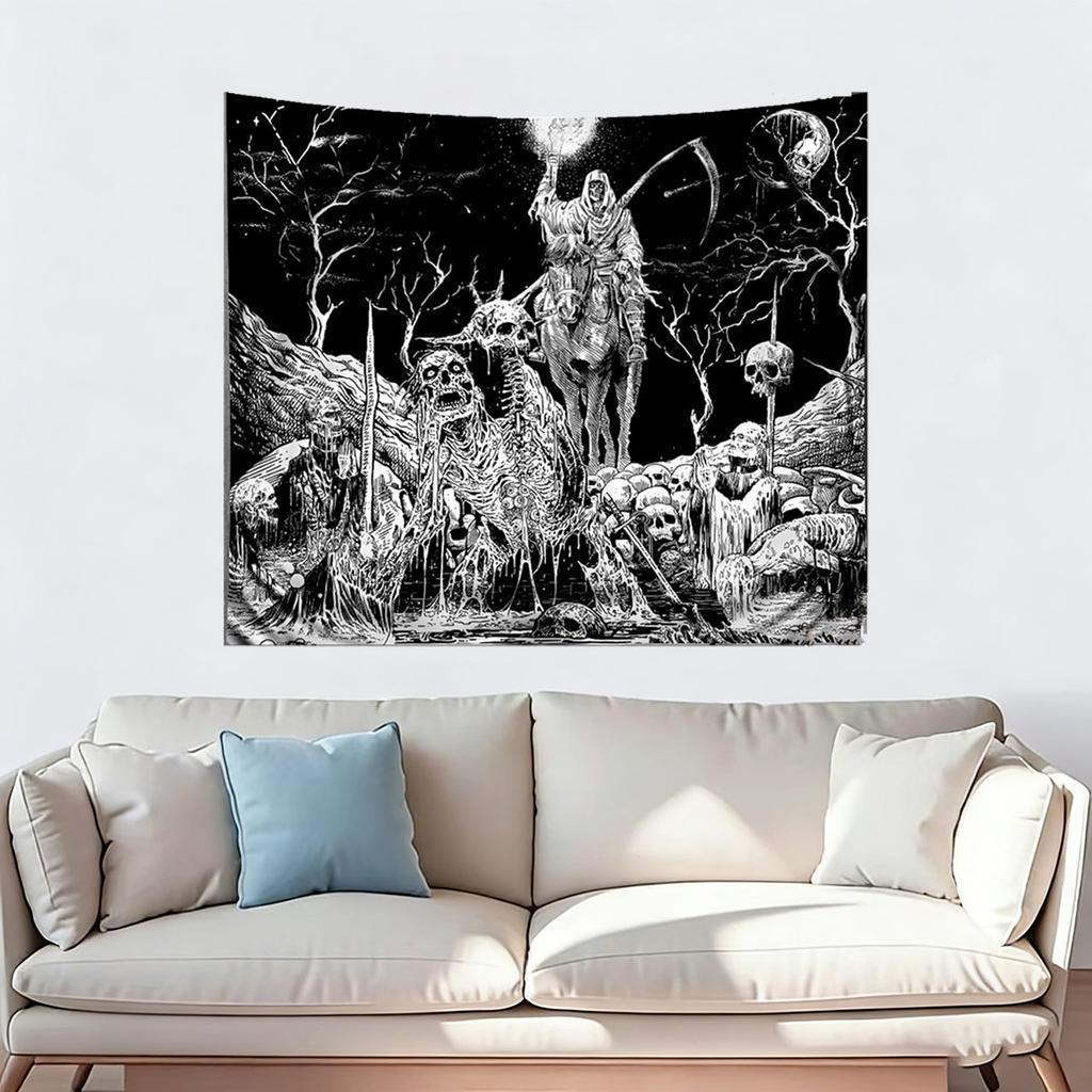 Black & White Gothic Skull Tapestry | Flat Printed Dark Ghost Rider Night Sky Moon Wall Hanging For Bedroom & Living Room Horror