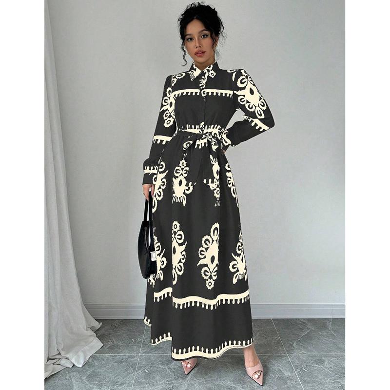 

Модные винтажные свободные повседневные платья с длинным рукавом, женские платья-рубашки с пуговицами и лацканами, А-силуэта, с принтом, женское длинное платье со шнуровкой и высокой талией, весна, новинка 25892 XL чёрный