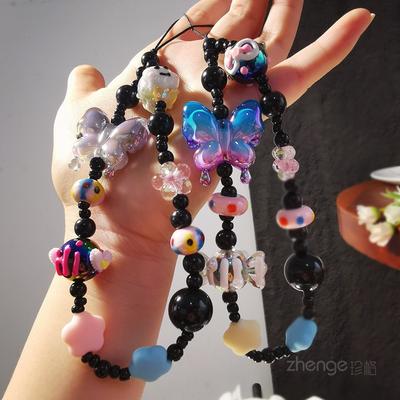 Mobile Phone Lanyard Bubble Butterfly Graffiti Beaded Bracelet Women's Wrist Ins Small Fresh String Chain Bead Chain Hand Rope Tide