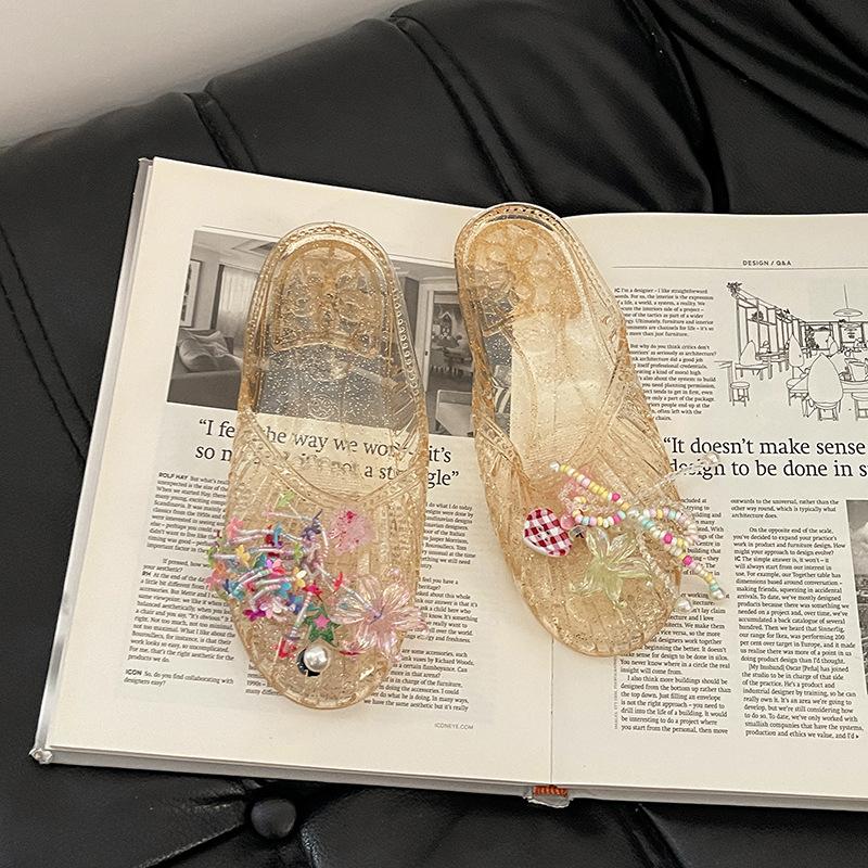 Fairy Wind Bag Head Cool Slippers Female 2025 Summer New Beaded Flat-bottomed Slippers Sweet Bow Water String Shoe Flower