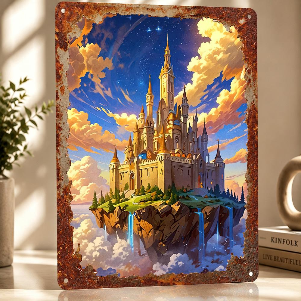 Fantasy Castle the Sky Personalized D Textured Metal Poster Wall Art Vintage Tin Signs for Luxury Decoration Home Decorations