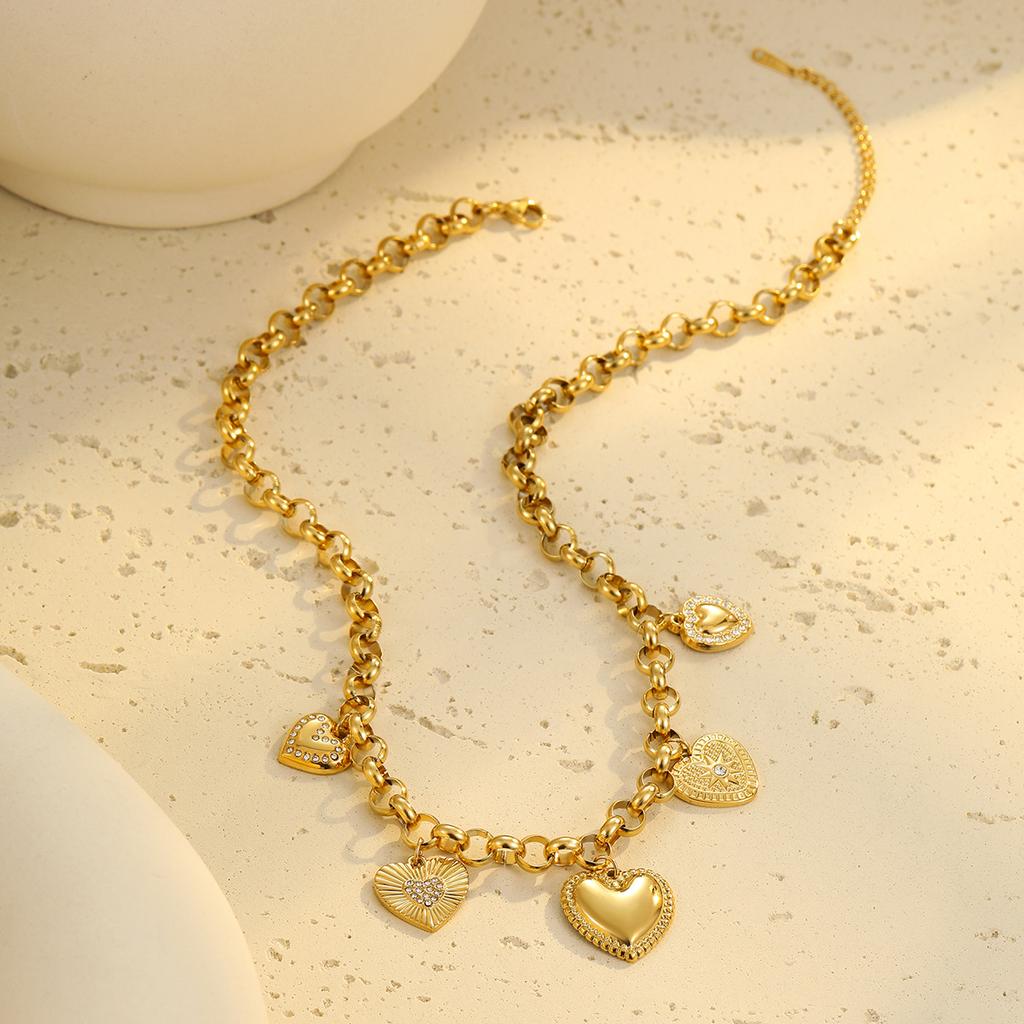 GEMCHIC Women's Gold Tone Heart Pendant Necklace and Bracelet Set Stainless Steel Charm Jewelry