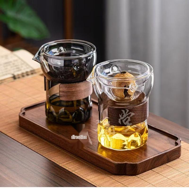Little Green Mandarin Glass Tea Set with Wooden Ring Heat Insulation Tea Divider and Fairness Cup