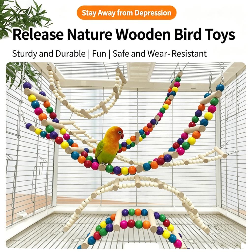 Natural Wooden Bird Ladder Climbing Toy for Small To Medium Birds Parrot Perch Hanging Ladder with Metal Hooks Durable Safe Material