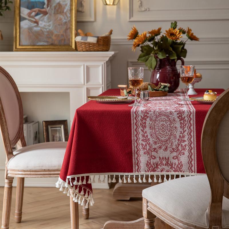 Red Wedding New Year'S Polyester Jacquard Retro Flower Fringed Tablecloth Coffee Table Dining Table Cloth Cover Towel