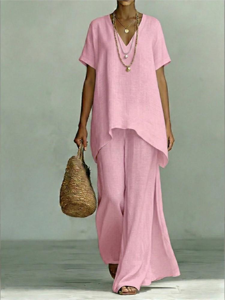 Fashion Loose Cotton Linen Short-sleeved Trousers 2 Piece Set Women Summer Casual V-neck Retro Female Wide-leg Trousers Suit
