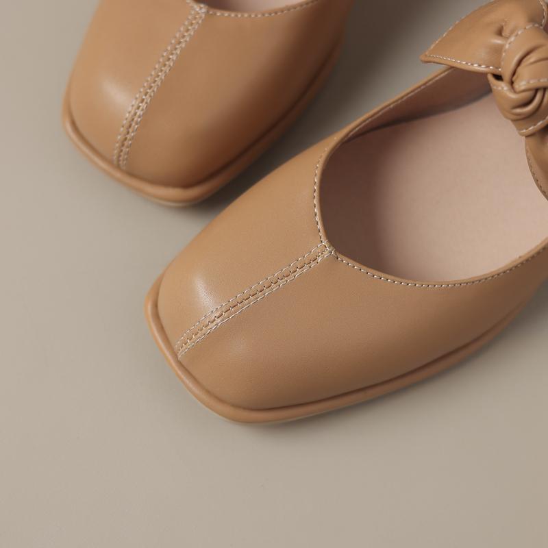 Fashion Women's New Spring and Autumn Round Head Elastic Strap Bow Middle Heel Large Mary Jane Retro Single Shoes