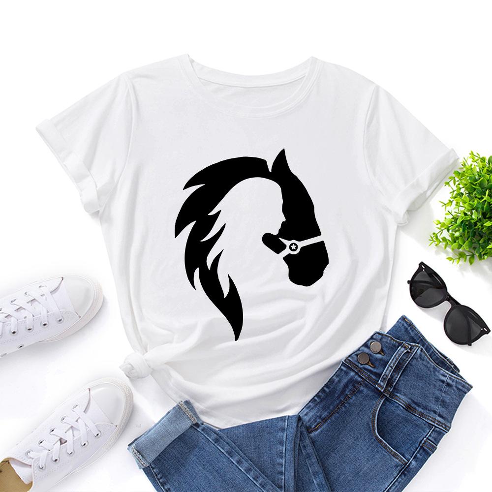 Character Animal Human Silhouette Cotton T-Shirt Short Sleeve Round Neck Women 2d Print Tops