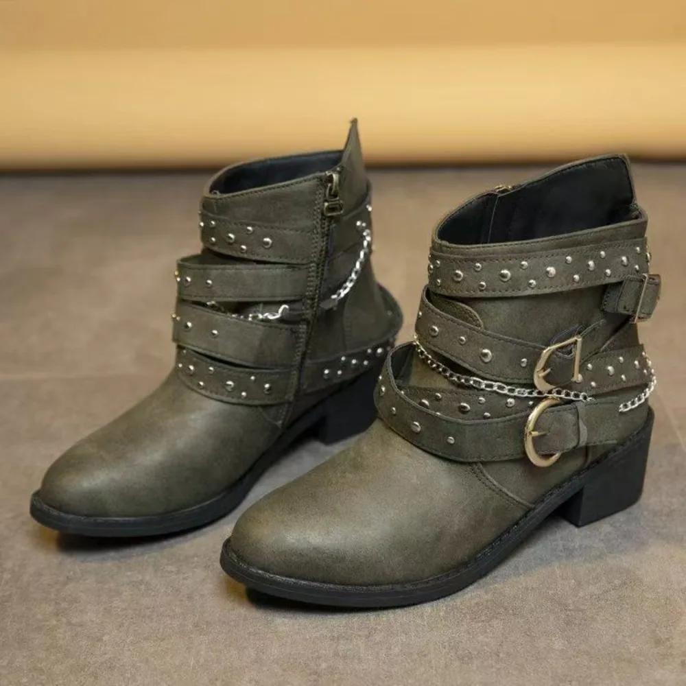 Ankle Boots for Women Belt Buckle Low Heel Short Boots Women's Shoes Retro Style Rivet Pointed Women's Boots Trendy Ladies Shoe