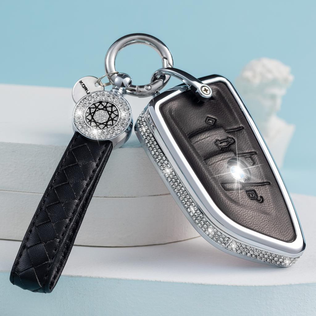 For BMW Key Fob Cover with Keychain, Pink Genuine Leather Crystal Key Case Protection Shell Compatible with BMW 2 5 6 7 X1 X2 X3