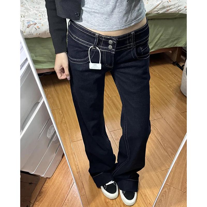 Women's High Waist Straight Leg Jeans Loose Denim Pants Japanese Street Style Trousers With Double Button Design