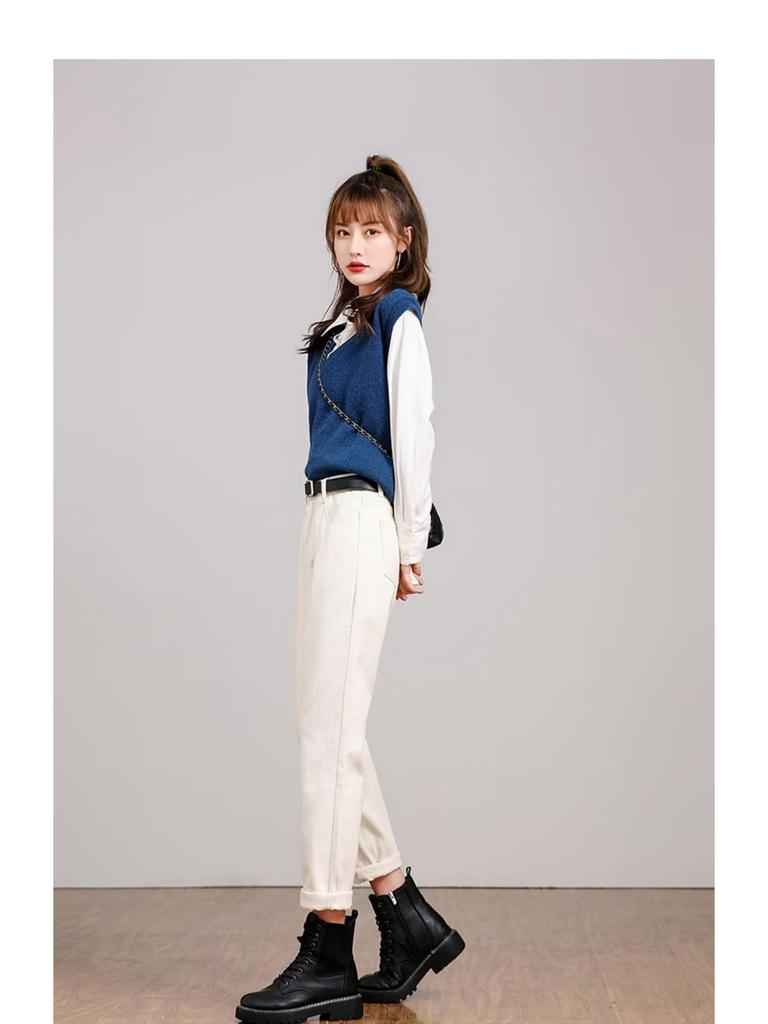 Women's Off-White High-Waisted Harem Jeans - 2024 Spring/Autumn, Elastic, Loose Fit, Slimming Casual Carrot Pants