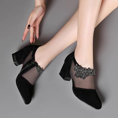Summer Women High Heel Shoes Fashion Mesh Rhinestone Low Heel Women Sandals Pointed Toe Thick Heels Elegant Women Pumps New