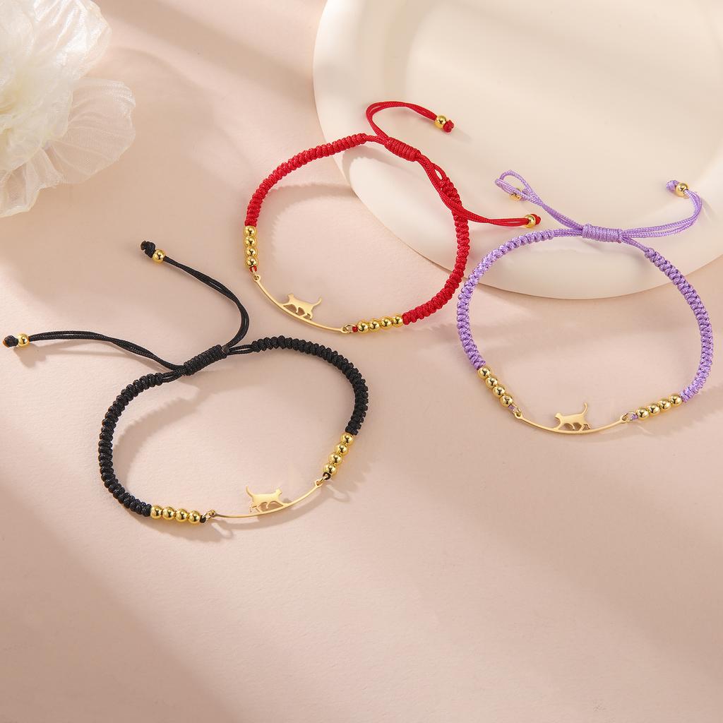 Cazador Stainless Steel Walking Cat Box Chain Bracelet for Women Animal Kitten Wax Rope Bracelet Jewelry Mother's Day Gift