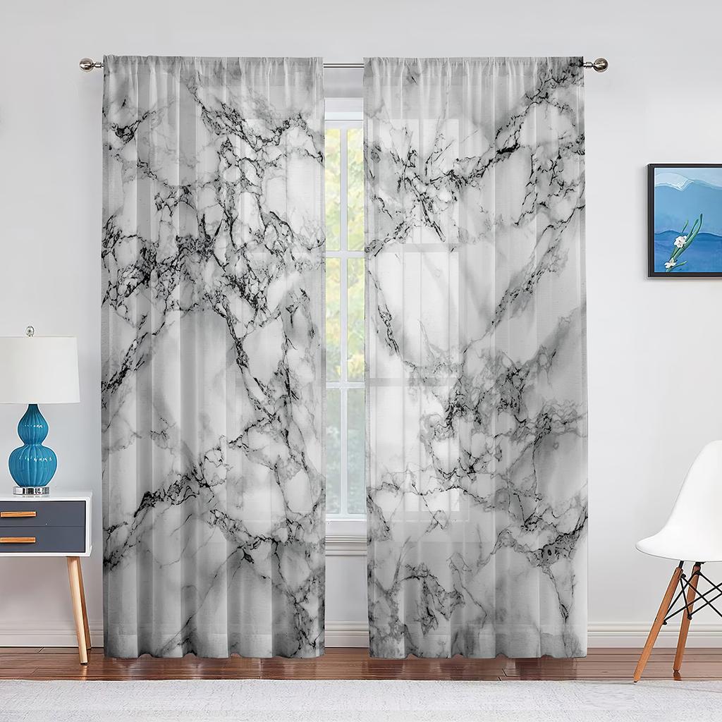 Marmor Guld Grå för Kök Vardagsrum Sovrum Inredning Abstrakt Modern Lyx Geometrisk Chiffong Tyll Gardiner Fönsterbehandling