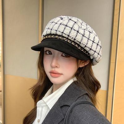 Vintage Bere Octagonal Hat Women's Splicing Plaid British Style Hat Autumn and Winter Painter Newsboy Hat Children Autumn and Winter