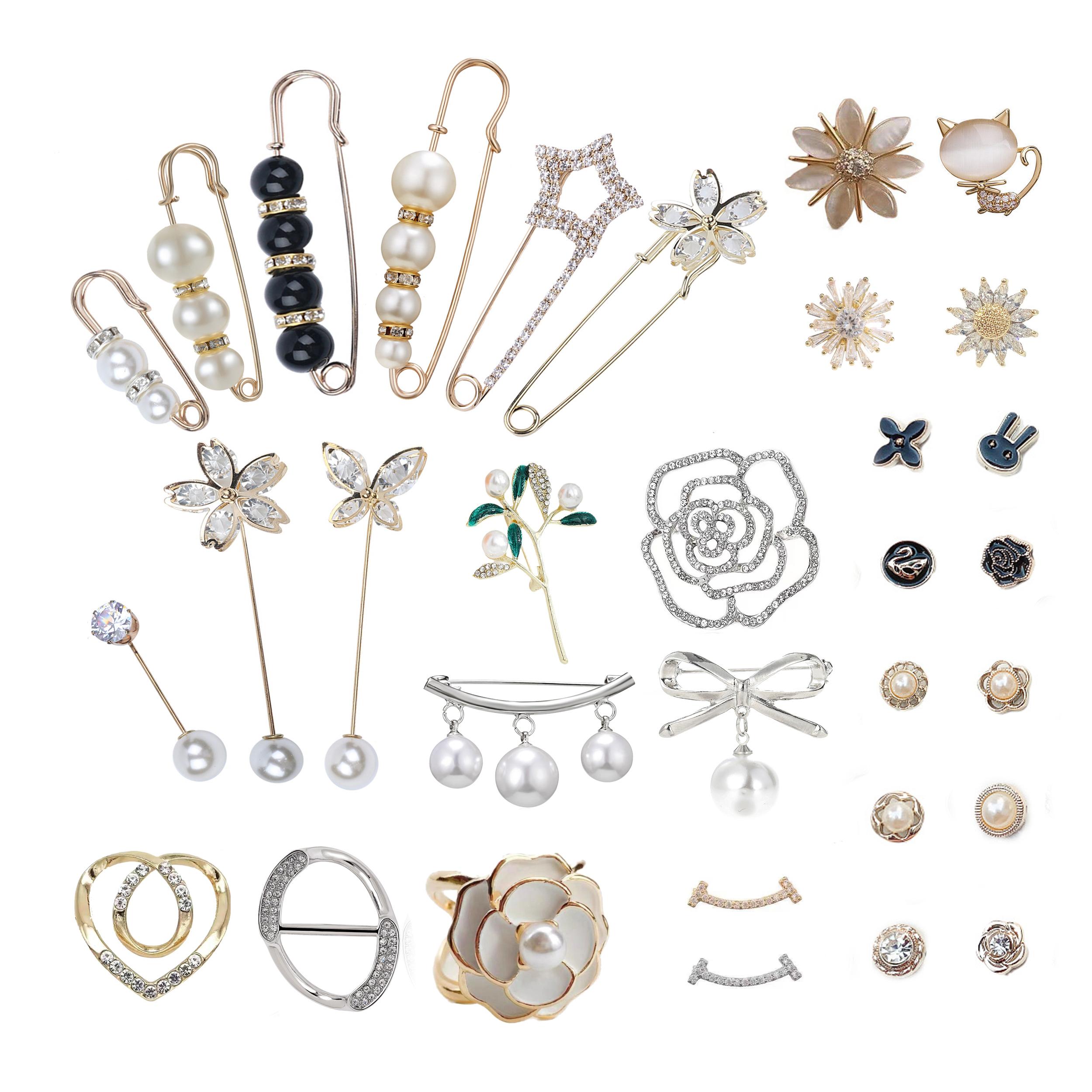 

Набір з 32 шт. шпильок-брошок з перлами Набір шпильок для светра та шалі Утяжка для талії штанів Шпильки для шарфа Мусульманські затискачі для хіджабу Штучні білі перлини Шпильки-булавки Декоративні аксесуари free size