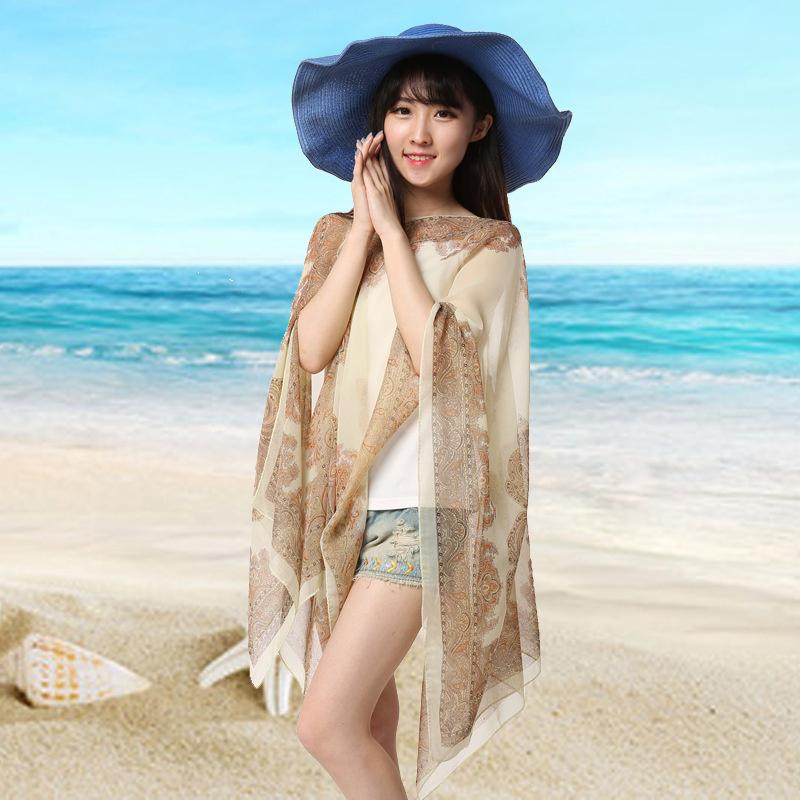 Beach Sun Protection Shawl Women Clothes Summer Beach Bikini Cover Up Loose Chiffon Blouse Shawl Scarf With Buttons