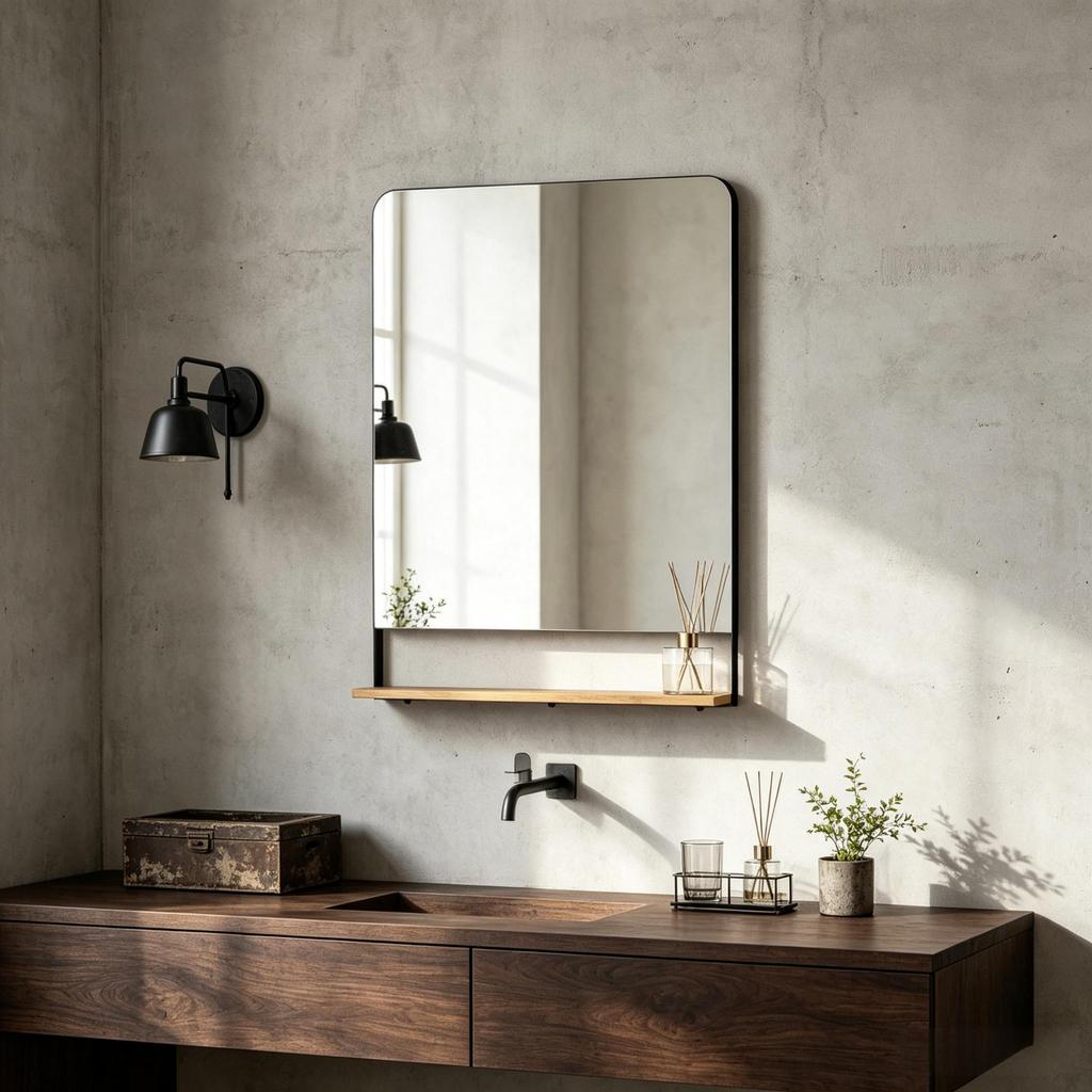 Rectangular Wall Mirror 80 x 60 cm, Modern Mirror with Metal Frame and Wood Elements for Living Room, Bathroom & Hallway (only with wall mirror)