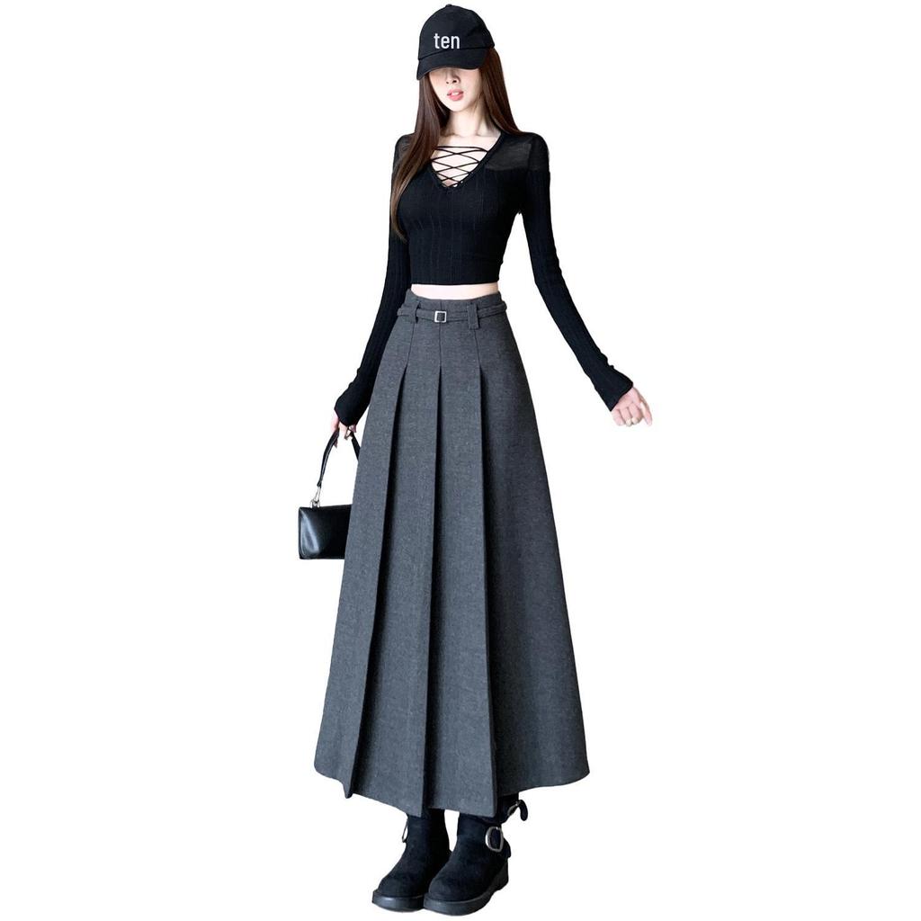 Elegant High-Waisted Gray Wool Pleated Skirt – Versatile Autumn/Winter Fashion for Women