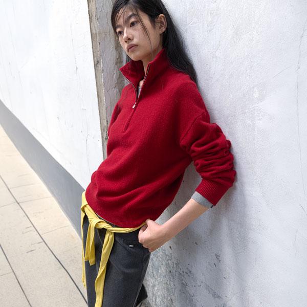 ATELIER NAIN (T-7317)Wool 100 Half Zip-Up Loose Fit Knit