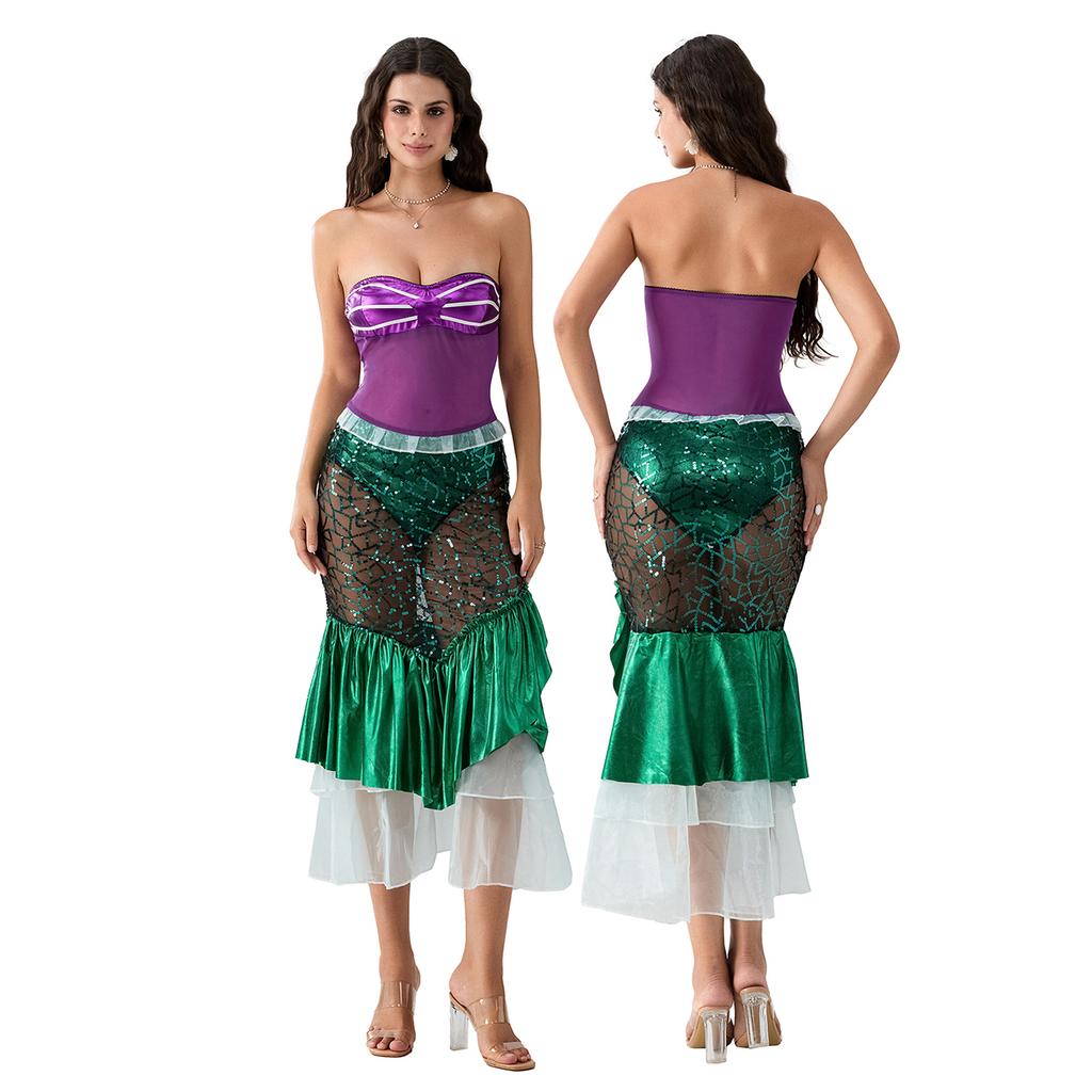 Women's Mermaid Party Costume, Strapless Tube Tops Ruffle Sequin Long Tail Cosplay Fancy Dress