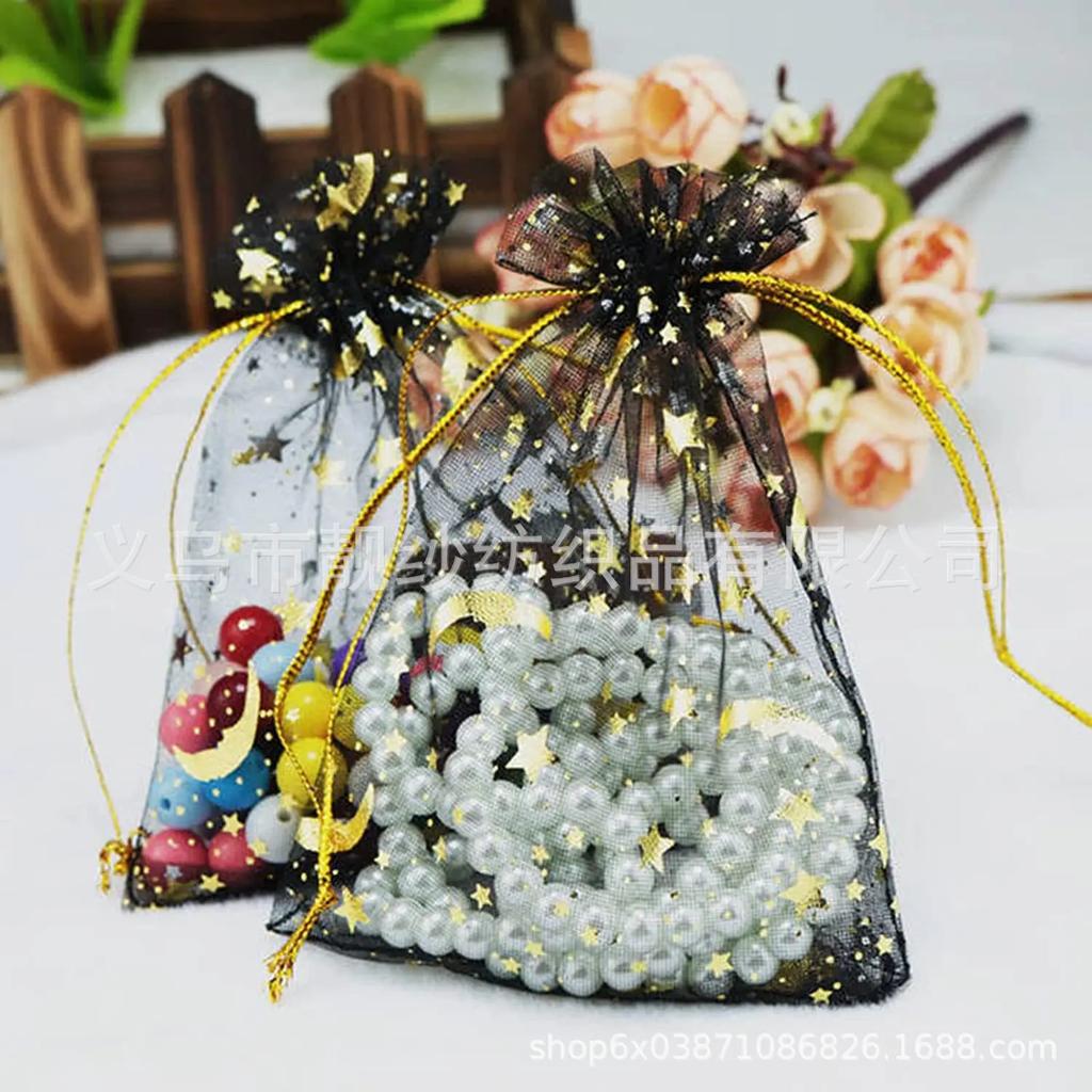 Organzabeutel Schmuckbeutel Bronzefarbener Stern Mond Kordelzug mit Kordelzug Geschenk Hochzeitsfeier Party Souvenir Süßigkeitenverpackung