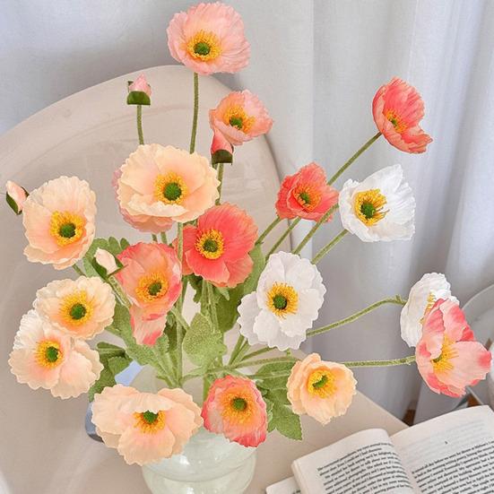 Artificial Flower 4 Head Realistic Fake Silk Flower with Long Stem Home Office Wedding Party Faux Flower Decoration