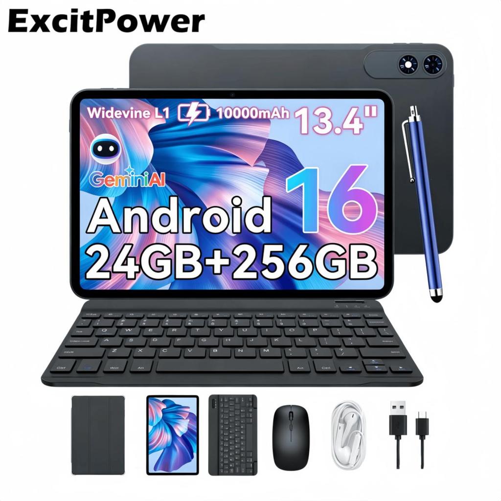 ExcitPower T60 Pro Android 16 8 Go de RAM 256 Go de ROM Tablette 13,4" WiFi 5G 10000 mAh Écran FHD Tablette PC avec clavier et souris