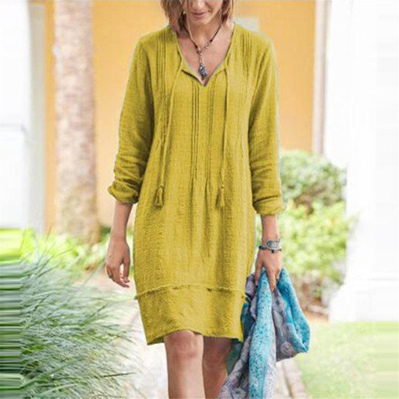 

Женские повседневные свободные платья с V-образным вырезом и длинным рукавом на шнуровке Элегантные свободные платья XXL жёлтый