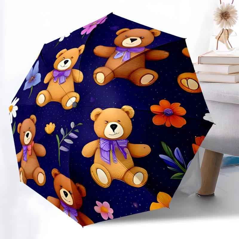 1pc Teddy Bear Floral Pattern Automatic Folding Umbrella Durable Iron Frame,All Seasons Home Travel Outdoor Multifunctional Umbrella yy251115058