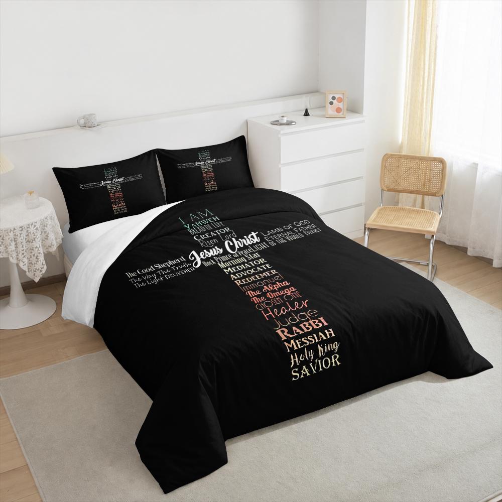 Names of Jesus Christ Typography Cross Bedding Set (1 Duvet Cover, 2 Pillowcases, Duvet Not Included), Faith Art Print