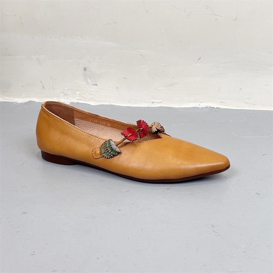 Johnature Flower Retro Pointed Toe Shallow Flat Shoes Ethnic Style Genuine Leather Women's Shoes