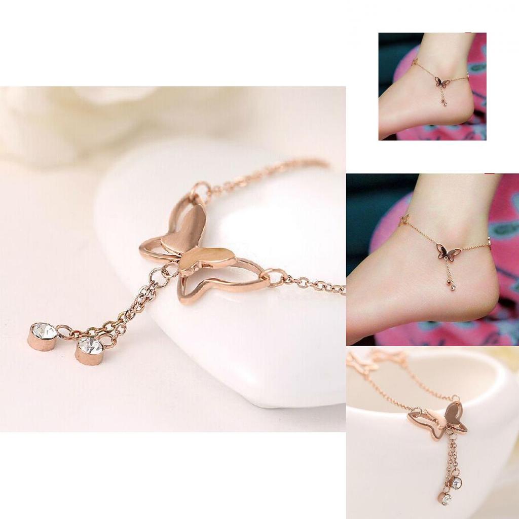 Elegant Summer Women Jewelry Butterfly Studded Double Tassel Anklets Fashion