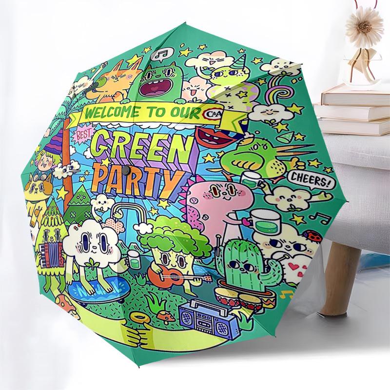 1pc Outdoor Umbrella with "Welcome to Our Green Party" Print - Automatic Opening/Closing Umbrella with Portable Tri-Fold Design, 8-Rib Iron Frame