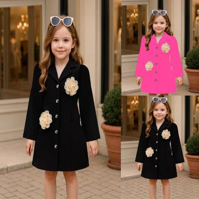 Girls Fashion Suit Collar Dress Rose Pink Puff Sleeves + 3D Flowers Sweet Dress for Older Children