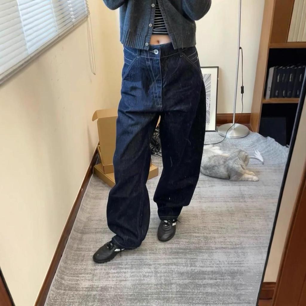 A3 Blugi Retro Denim Largi cu Picior Lat: Culoare Originală, Neutru, Talie Medie-Înaltă, Croială cu Biberon pentru Femei