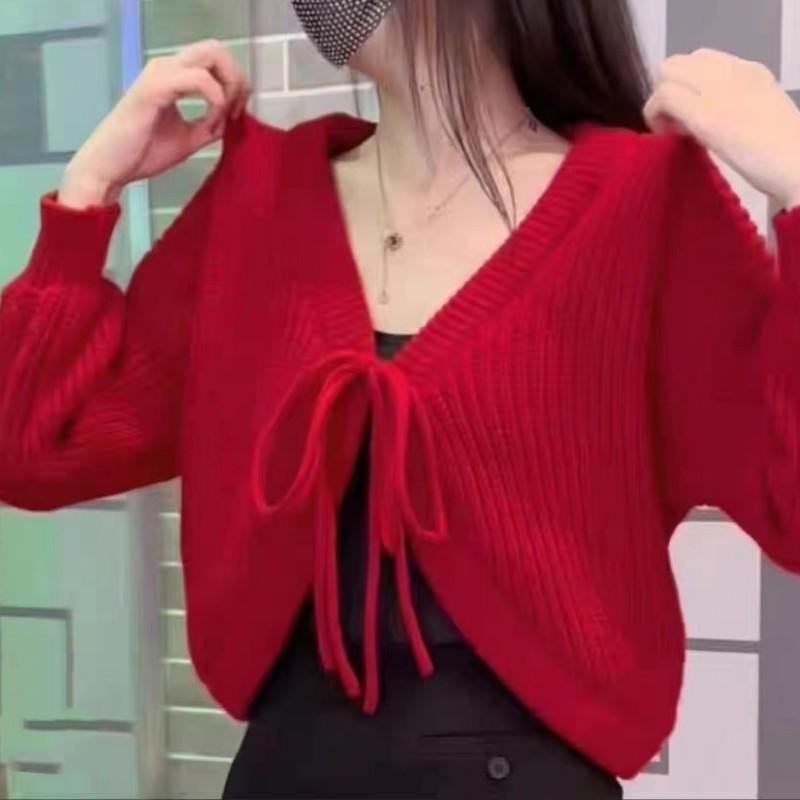 Lace Up Cardigan Knitted Jacket for Women Spring Loose and Versatile Gentle Style Sweater