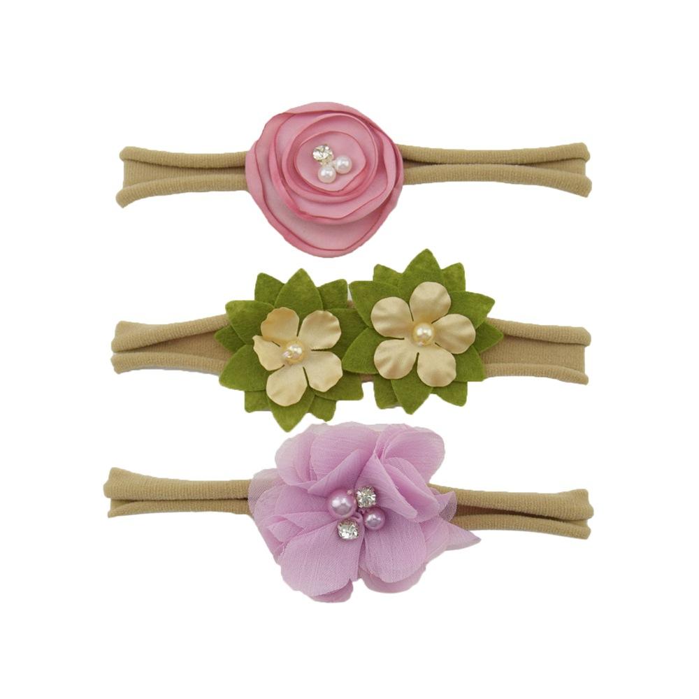 Children'S Nylon Headband Three-Piece Elastic Soft Headband Green Flower Headgear Versatile Head Flower Set